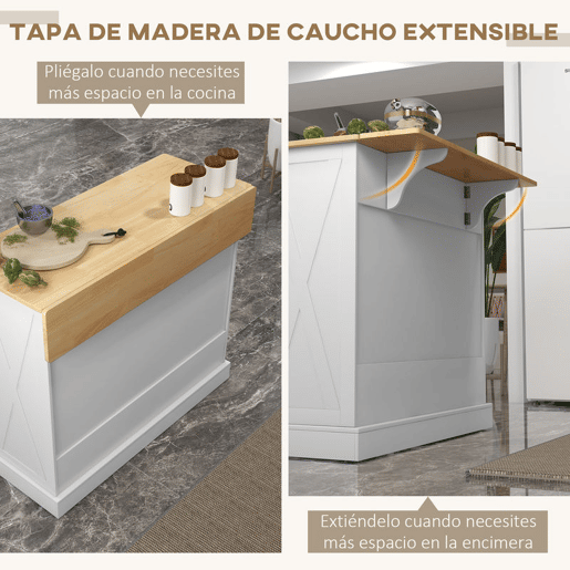 HOMCOM Ilha de Cozinha Carrinho de Cozinha com Bancada de Madeira Dobrável 2 Portas 2 Gavetas Prateleira Ajustável e 4 Rodas 105x60x90,5 cm Branco e Madeira