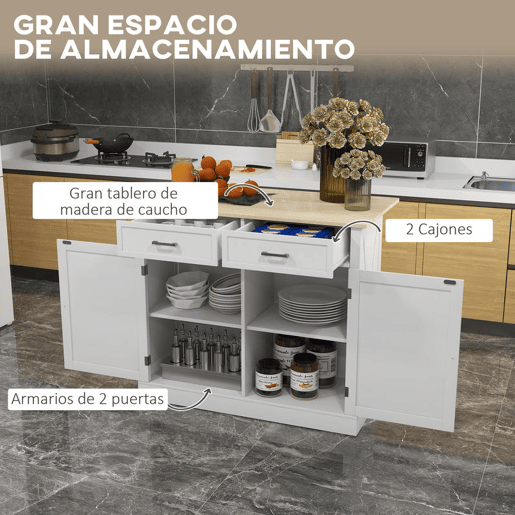 HOMCOM Ilha de Cozinha Carrinho de Cozinha com Bancada de Madeira Dobrável 2 Portas 2 Gavetas Prateleira Ajustável e 4 Rodas 105x60x90,5 cm Branco e Madeira