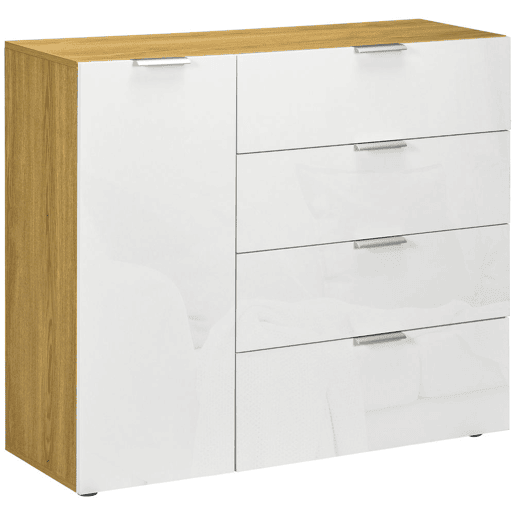 HOMCOM Aparador de Sala de Estar Cómoda com 4 Gavetas de Alto Brilho Porta e Prateleiras Ajustáveis para Sala de Jantar Dormitório 105x35x92 cm Branco e Madeira