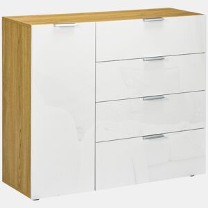 HOMCOM Aparador de Sala de Estar Cómoda com 4 Gavetas de Alto Brilho Porta e Prateleiras Ajustáveis para Sala de Jantar Dormitório 105x35x92 cm Branco e Madeira