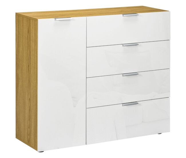 Homcom cómoda de dormitorio aparador de salón con 4 cajones de de alto brillo puerta y estantes ajustables para comedor 105x35x92 cm blanco y natural