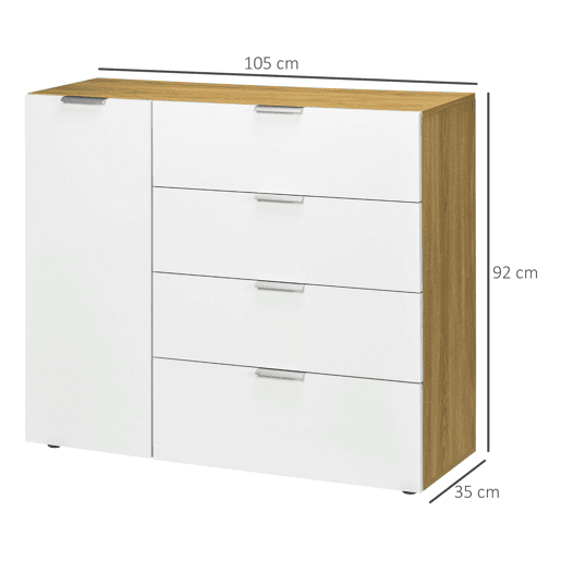 HOMCOM Aparador de Sala de Estar Cómoda com 4 Gavetas de Alto Brilho Porta e Prateleiras Ajustáveis para Sala de Jantar Dormitório 105x35x92 cm Branco e Madeira