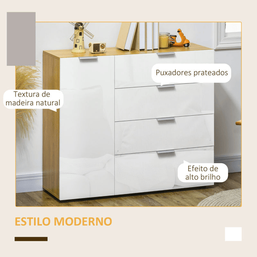 HOMCOM Aparador de Sala de Estar Cómoda com 4 Gavetas de Alto Brilho Porta e Prateleiras Ajustáveis para Sala de Jantar Dormitório 105x35x92 cm Branco e Madeira