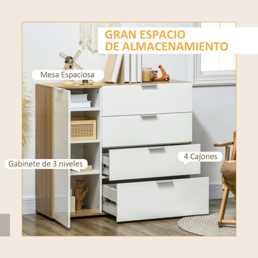 HOMCOM Aparador de Sala de Estar Cómoda com 4 Gavetas de Alto Brilho Porta e Prateleiras Ajustáveis para Sala de Jantar Dormitório 105x35x92 cm Branco e Madeira