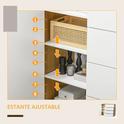 HOMCOM Aparador de Sala de Estar Cómoda com 4 Gavetas de Alto Brilho Porta e Prateleiras Ajustáveis para Sala de Jantar Dormitório 105x35x92 cm Branco e Madeira