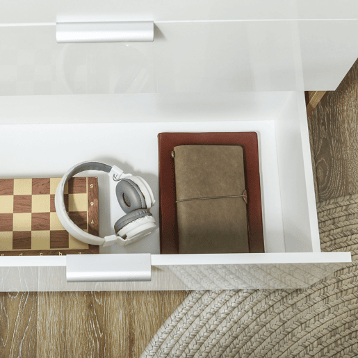 HOMCOM Aparador de Sala de Estar Cómoda com 4 Gavetas de Alto Brilho Porta e Prateleiras Ajustáveis para Sala de Jantar Dormitório 105x35x92 cm Branco e Madeira