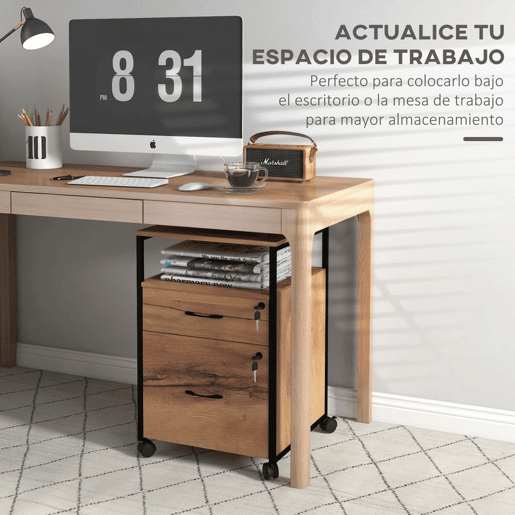 Vinsetto Arquivador com Fechadura Bloco de Gavetas Escritório com Rodas 2 Gavetas Barra Suspensa para Papéis A4 e Carta e 2 Chaves 44x40x66,5 cm Marrom Rústico