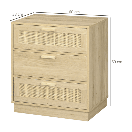 HOMCOM Cómoda com 3 Gavetas de Vime Cómoda de Madeira para Dormitório Sala de Estar Estilo Boêmio 60x38x69 cm Madeira