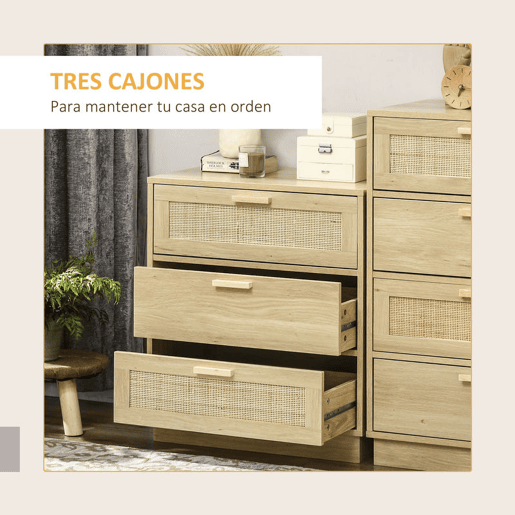 HOMCOM Cómoda com 3 Gavetas de Vime Cómoda de Madeira para Dormitório Sala de Estar Estilo Boêmio 60x38x69 cm Madeira