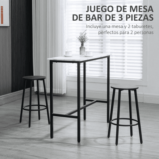 HOMCOM Conjunto de Mesa Alta com 2 Bancos Redondos Conjunto de 3 Peças com Estrutura de Aço Estilo Moderno para Cozinha Sala de Estar Branco e Preto