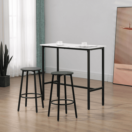HOMCOM Conjunto de Mesa Alta com 2 Bancos Redondos Conjunto de 3 Peças com Estrutura de Aço Estilo Moderno para Cozinha Sala de Estar Branco e Preto