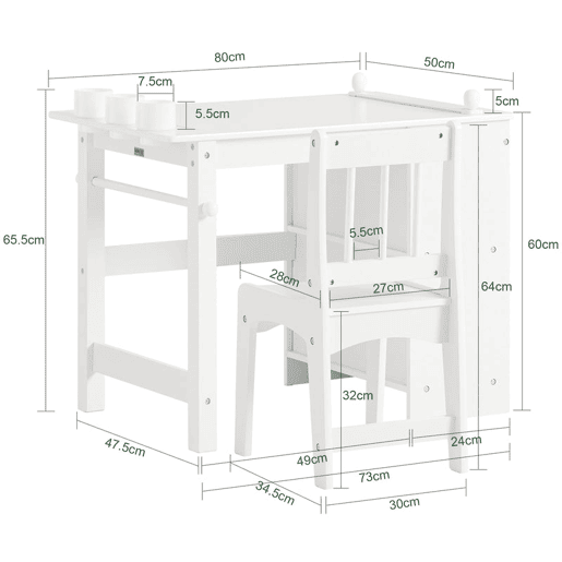 Conjunto de mesa e cadeira para crianças Secretária para crianças com 3 porta-lápis SoBuy KMB60-W branco 80x54x65,5 cm