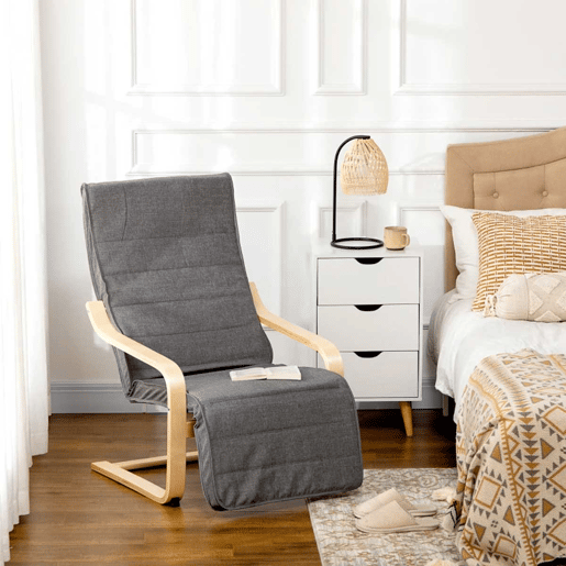 HOMCOM Poltrona Relax com Apoio para os Pés Ajustável Poltrona para Sala de Estar Estofada em Tecido com Estrutura de Madeira Carga 120 kg para Escritório Estúdio Dormitório 66,5x94x100 cm Cinza