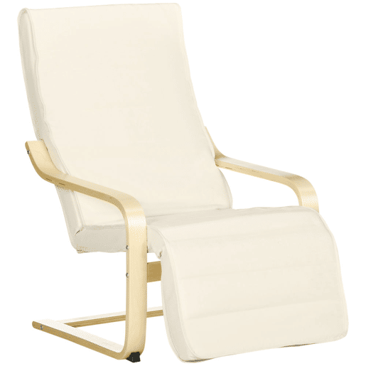 HOMCOM Poltrona Relax com Apoio para os Pés Ajustável Poltrona para Sala de Estar Estofada em Tecido com Estrutura de Madeira Carga 120 kg para Escritório Estúdio Dormitório 66,5x94x100 cm Creme