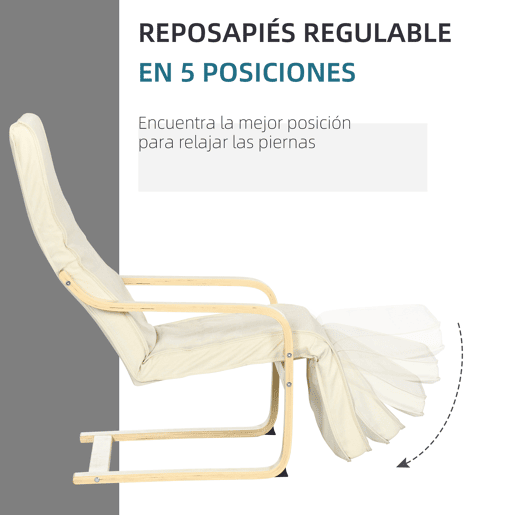 HOMCOM Poltrona Relax com Apoio para os Pés Ajustável Poltrona para Sala de Estar Estofada em Tecido com Estrutura de Madeira Carga 120 kg para Escritório Estúdio Dormitório 66,5x94x100 cm Creme