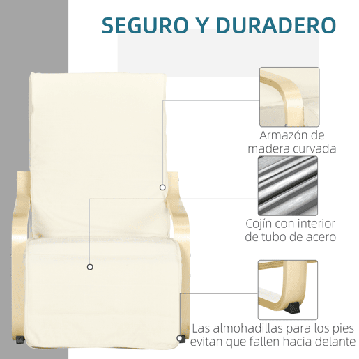 HOMCOM Poltrona Relax com Apoio para os Pés Ajustável Poltrona para Sala de Estar Estofada em Tecido com Estrutura de Madeira Carga 120 kg para Escritório Estúdio Dormitório 66,5x94x100 cm Creme