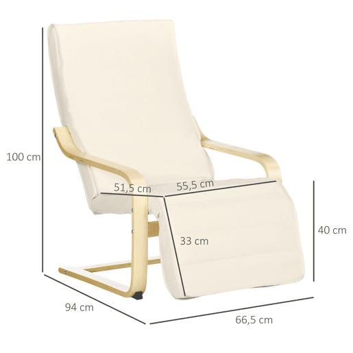 HOMCOM Poltrona Relax com Apoio para os Pés Ajustável Poltrona para Sala de Estar Estofada em Tecido com Estrutura de Madeira Carga 120 kg para Escritório Estúdio Dormitório 66,5x94x100 cm Creme