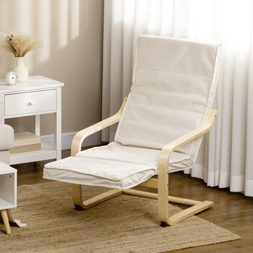 HOMCOM Poltrona Relax com Apoio para os Pés Ajustável Poltrona para Sala de Estar Estofada em Tecido com Estrutura de Madeira Carga 120 kg para Escritório Estúdio Dormitório 66,5x94x100 cm Creme