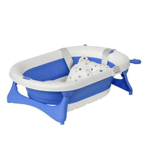HOMCOM Banheira para Bebé Recém Nascido até 3 Anos Dobrável 30 Litros com Tampa Termossensível e Almofada Confortável Almofadas Antiderrapantes 81,5x50,5x23,5cm Azul e Branco