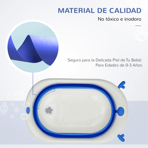 HOMCOM Banheira para Bebé Recém Nascido até 3 Anos Dobrável 30 Litros com Tampa Termossensível e Almofada Confortável Almofadas Antiderrapantes 81,5x50,5x23,5cm Azul e Branco