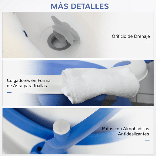 HOMCOM Banheira para Bebé Recém Nascido até 3 Anos Dobrável 30 Litros com Tampa Termossensível e Almofada Confortável Almofadas Antiderrapantes 81,5x50,5x23,5cm Azul e Branco