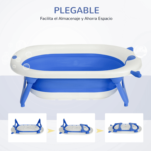 HOMCOM Banheira para Bebé Recém Nascido até 3 Anos Dobrável 30 Litros com Tampa Termossensível e Almofada Confortável Almofadas Antiderrapantes 81,5x50,5x23,5cm Azul e Branco