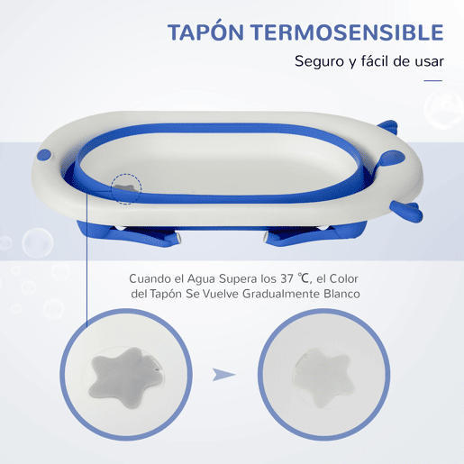 HOMCOM Banheira para Bebé Recém Nascido até 3 Anos Dobrável 30 Litros com Tampa Termossensível e Almofada Confortável Almofadas Antiderrapantes 81,5x50,5x23,5cm Azul e Branco