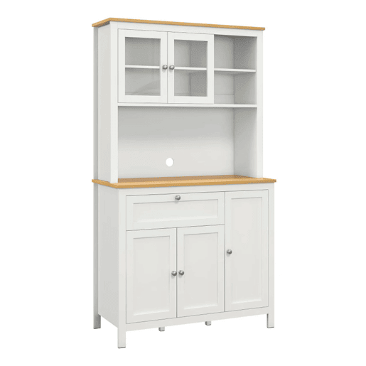 HOMCOM Armário de Cozinha Alto, Móvel Auxiliar de Cozinha, com 5 Portas, Prateleira Ajustável, Gaveta, Bancada Aberta para Micro-ondas, Orifício para Cabo, 100x40x180 cm, para Sala de Jantar, Sala, Branco