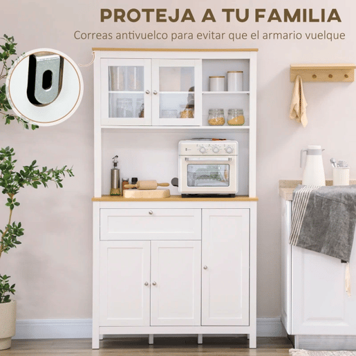 HOMCOM Armário de Cozinha Alto, Móvel Auxiliar de Cozinha, com 5 Portas, Prateleira Ajustável, Gaveta, Bancada Aberta para Micro-ondas, Orifício para Cabo, 100x40x180 cm, para Sala de Jantar, Sala, Branco