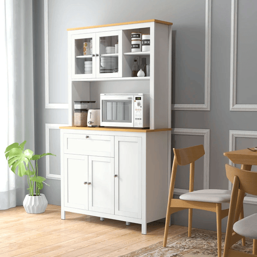 HOMCOM Armário de Cozinha Alto, Móvel Auxiliar de Cozinha, com 5 Portas, Prateleira Ajustável, Gaveta, Bancada Aberta para Micro-ondas, Orifício para Cabo, 100x40x180 cm, para Sala de Jantar, Sala, Branco