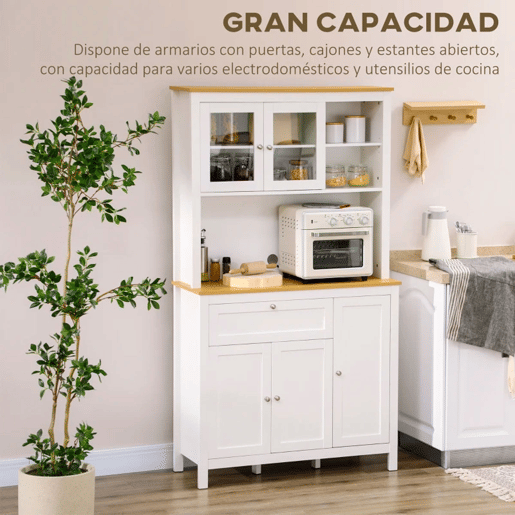 HOMCOM Armário de Cozinha Alto, Móvel Auxiliar de Cozinha, com 5 Portas, Prateleira Ajustável, Gaveta, Bancada Aberta para Micro-ondas, Orifício para Cabo, 100x40x180 cm, para Sala de Jantar, Sala, Branco