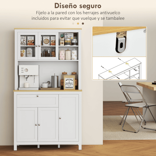 HOMCOM Armário de Cozinha Alto, Móvel Auxiliar de Cozinha, com 5 Portas, Prateleira Ajustável, Gaveta, Bancada Aberta para Micro-ondas, Orifício para Cabo, 100x40x180 cm, para Sala de Jantar, Sala, Branco