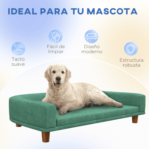 PawHut Sofá para Cães Cama Elevada para Cães Estofada com Almofada Lavável e Pés de Madeira de Pinho Carga Máxima 40 kg 98x67x25 cm Verde