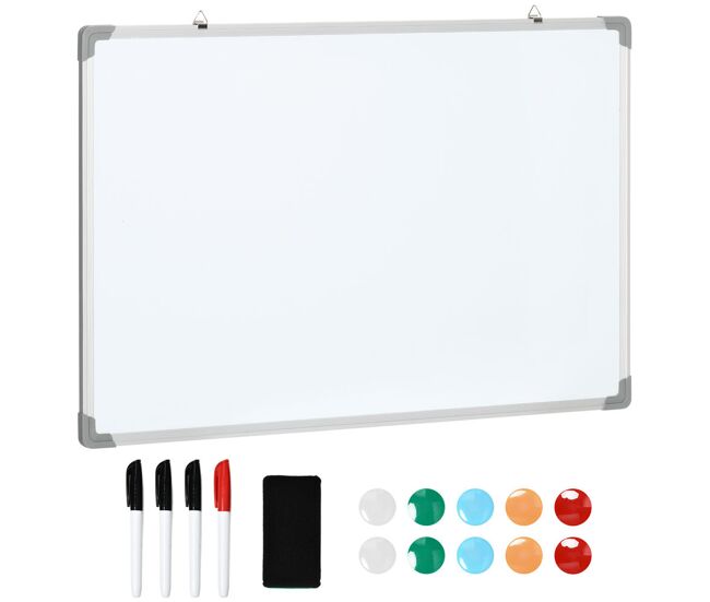 Homcom pizarra blanca magnética con bastidor de aleación de aluminio 90x60 cm pizarra de borrado en seco con borrador 4 rotuladores y 10 imanes para oficina hogar