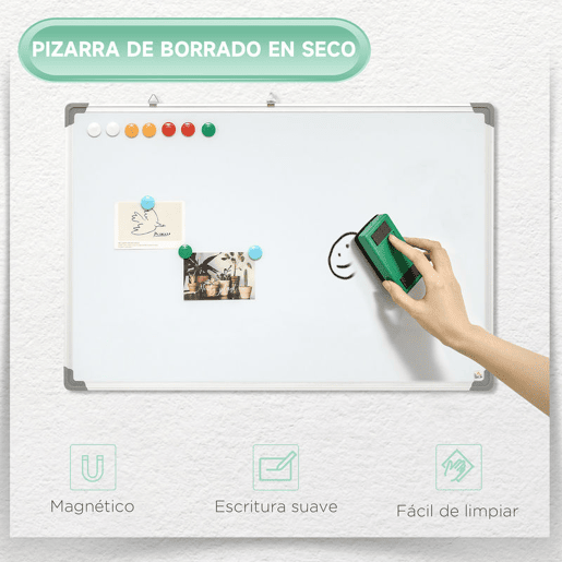 HOMCOM Quadro Magnético com Estrutura de Liga de Alumínio 90x60 cm Quadro Magnético com Apagador 4 Marcadores e 10 Ímás para Escritório Casa Branco