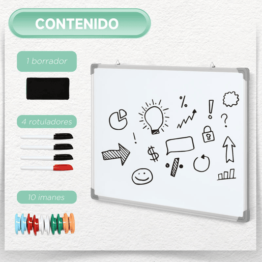 HOMCOM Quadro Magnético com Estrutura de Liga de Alumínio 90x60 cm Quadro Magnético com Apagador 4 Marcadores e 10 Ímás para Escritório Casa Branco