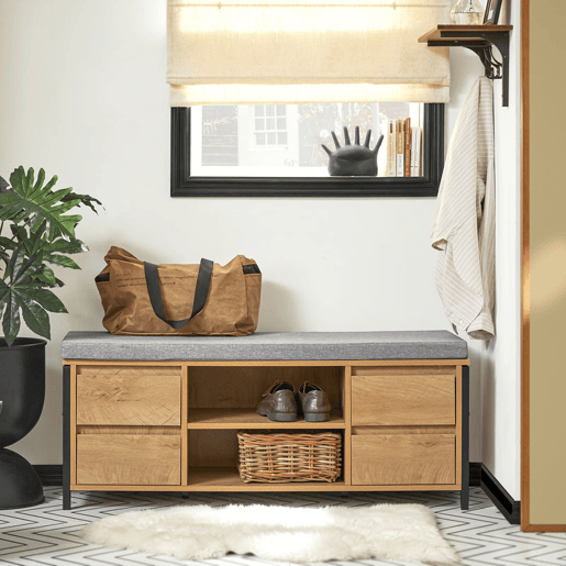 Sapateira de bancada com 2 prateleiras e 4 gavetas SoBuy FSR149-N madeiracinzento 110x35x45 cm