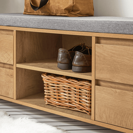 Sapateira de bancada com 2 prateleiras e 4 gavetas SoBuy FSR149-N madeiracinzento 110x35x45 cm