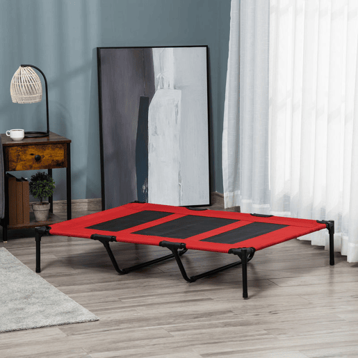 PawHut Cama para Animais de Estimação Cama Elevada para Cães Gatos com Tecido Transpirável para Dormir Relaxar Exterior Jardim Terraço 122x92x23cm Vermelho