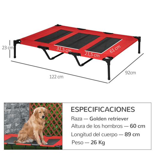 PawHut Cama para Animais de Estimação Cama Elevada para Cães Gatos com Tecido Transpirável para Dormir Relaxar Exterior Jardim Terraço 122x92x23cm Vermelho