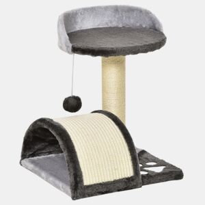 PawHut Árvore Arranhador para Gatos Pequena Altura 46 cm de 2 Níveis com Poste e Tapete de Arranhar Cama e Bola Suspensa 35,5x37x46 cm Cinza