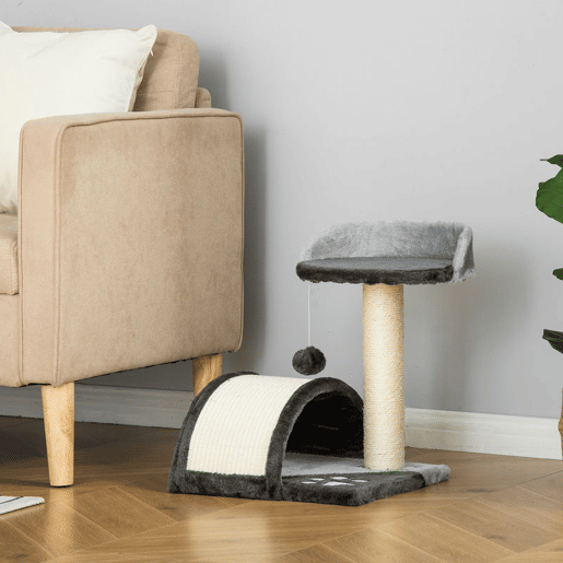 PawHut Árvore Arranhador para Gatos Pequena Altura 46 cm de 2 Níveis com Poste e Tapete de Arranhar Cama e Bola Suspensa 35,5x37x46 cm Cinza