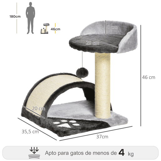PawHut Árvore Arranhador para Gatos Pequena Altura 46 cm de 2 Níveis com Poste e Tapete de Arranhar Cama e Bola Suspensa 35,5x37x46 cm Cinza