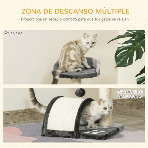 PawHut Árvore Arranhador para Gatos Pequena Altura 46 cm de 2 Níveis com Poste e Tapete de Arranhar Cama e Bola Suspensa 35,5x37x46 cm Cinza