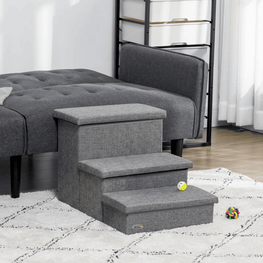 PawHut Escada para Animais de Estimação com 3 Degraus para Cães Gatos com Espaço de Armazenamento 63,5x42,5x40,5 cm Cinza