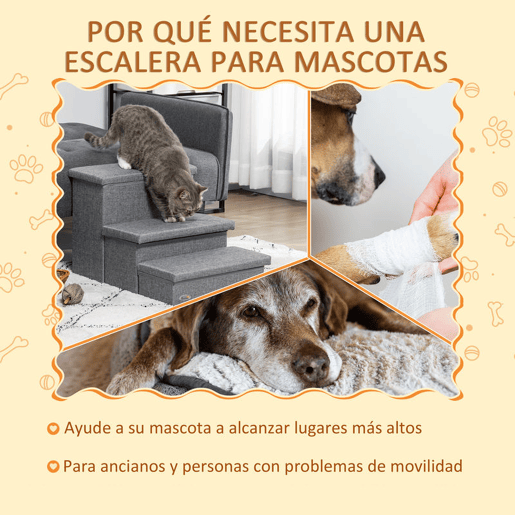 PawHut Escada para Animais de Estimação com 3 Degraus para Cães Gatos com Espaço de Armazenamento 63,5x42,5x40,5 cm Cinza