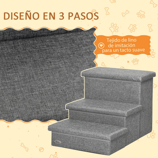 PawHut Escada para Animais de Estimação com 3 Degraus para Cães Gatos com Espaço de Armazenamento 63,5x42,5x40,5 cm Cinza