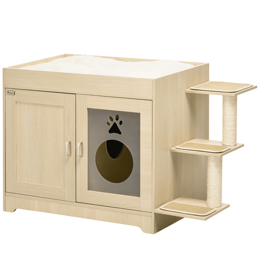 PawHut Caixa de Areia para Gatos de Madeira com 2 Portas Móvel para Caixa de Areia com Cama Almofada Suave 3 Plataformas e Postes de Sisal 107x54x70cm Carvalho