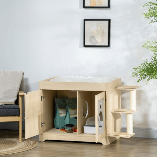 PawHut Caixa de Areia para Gatos de Madeira com 2 Portas Móvel para Caixa de Areia com Cama Almofada Suave 3 Plataformas e Postes de Sisal 107x54x70cm Carvalho