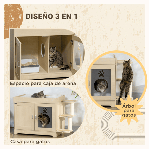 PawHut Caixa de Areia para Gatos de Madeira com 2 Portas Móvel para Caixa de Areia com Cama Almofada Suave 3 Plataformas e Postes de Sisal 107x54x70cm Carvalho